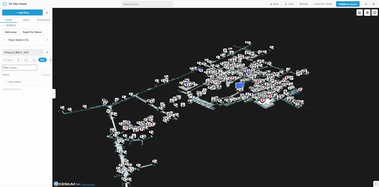 東京駅の建物と経路ネットワーク、ポイントマーカーをダークビューポートで表示した3D Tiles Viewer