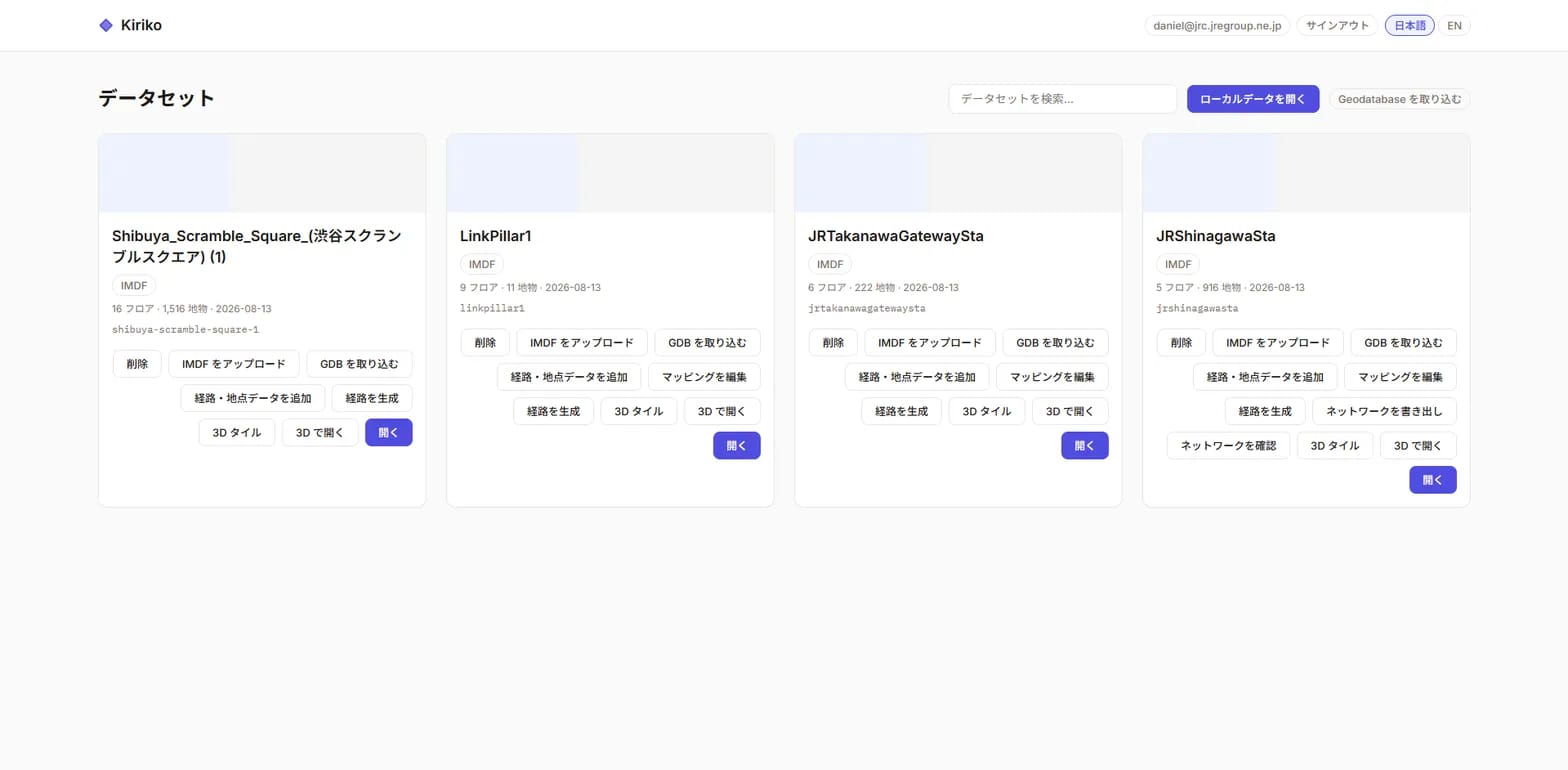 Kiriko dataset gallery showing Shibuya Scramble Square, LinkPillar1, JR Takanawa Gateway Station, and JR Shinagawa Station with publish actions