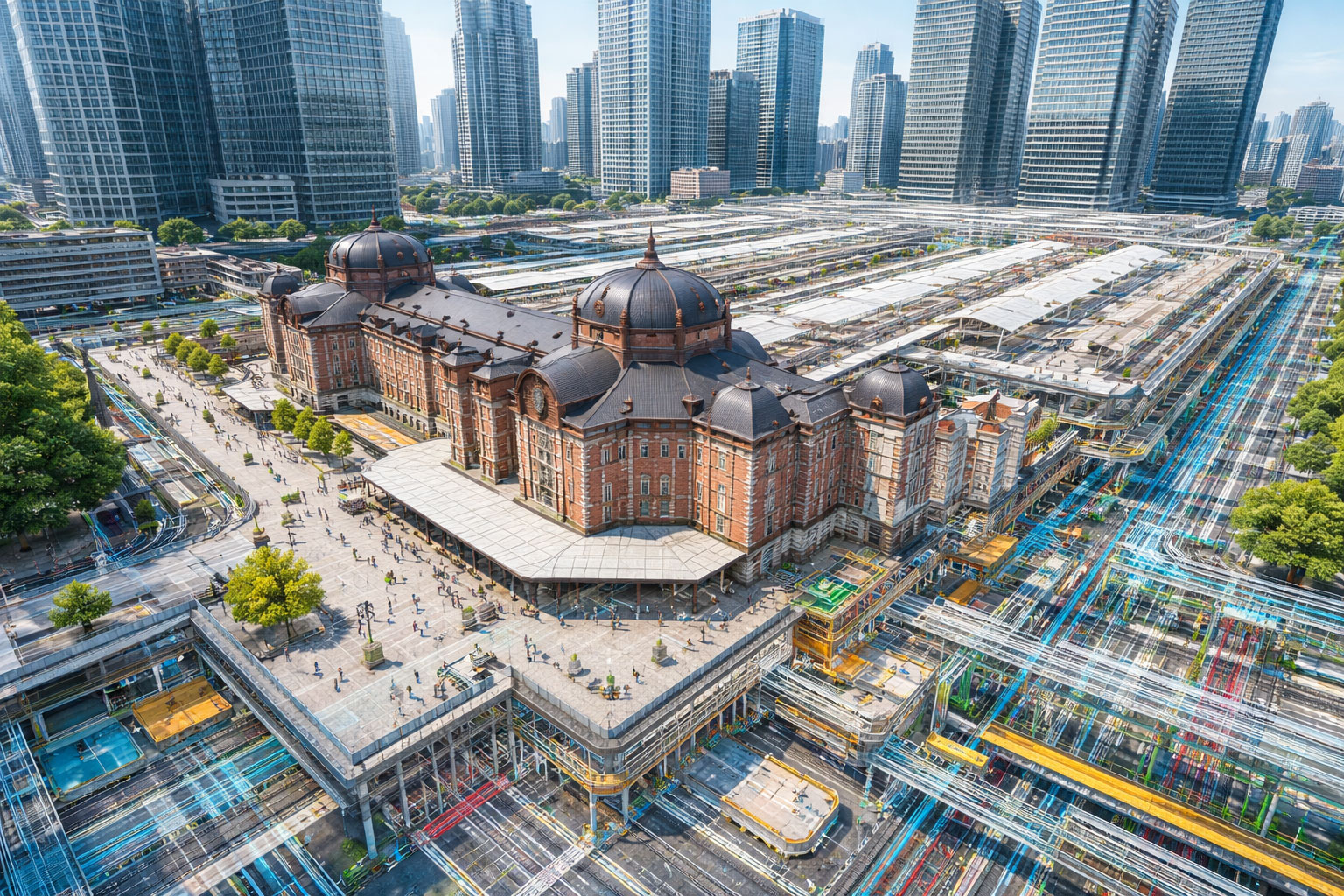 Aerial view of Tokyo Station with digital twin infrastructure overlay