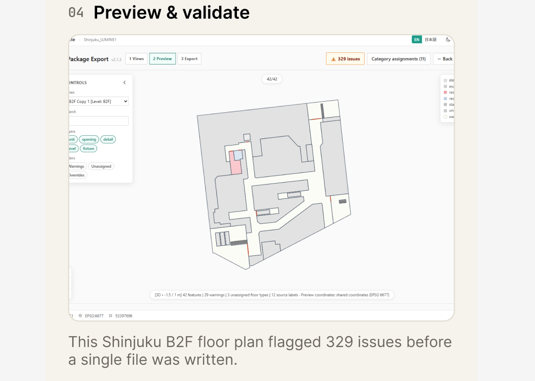 329件の問題を検出したRevitGeoSuiteのプレビュー・検証画面